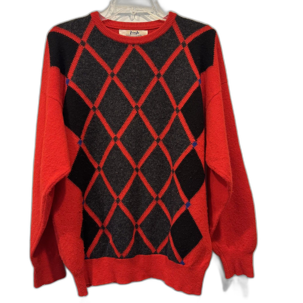 Vintage Pringle of Scotland Sweater Argyle Wool Crewneck Red Black Mens Medium